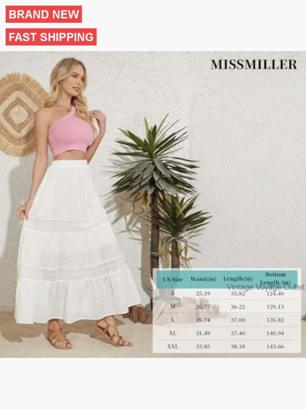 Boho Maxi Skirt with Pockets, Elastic Waist, Lace Tiered A-Line - Picture 6 of 7